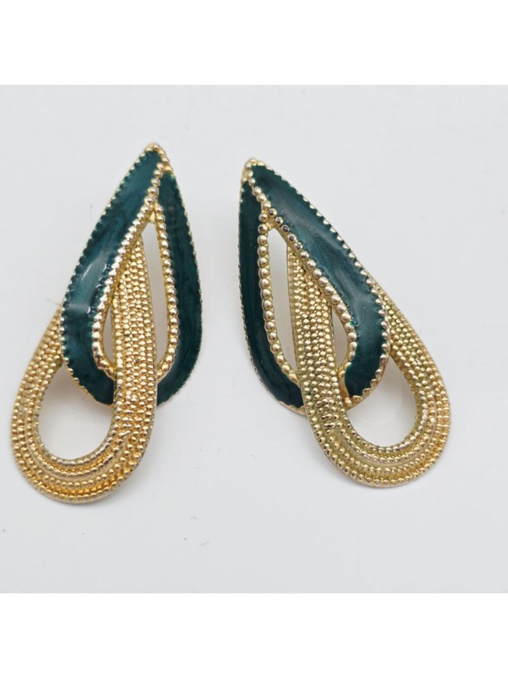 Gold & Teal Textured Dangle Earrings Teardrop Shape Lightweight Pierced Ears VTG - Picture 2 of 5